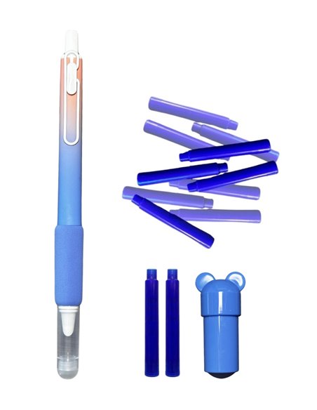 Stilou cu mecanism si cerneala termosensibila + Rezerve, Bicolor, Albastru/Roz