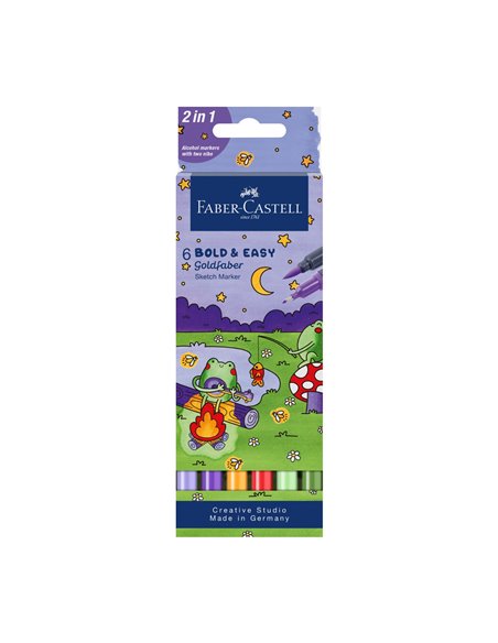 Set 6 x Sketch marker cu 2 capete bold and easy goldfaber FABER-CASTELL FC164814, 6 culori/set