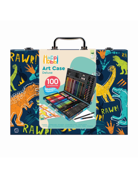 VV-1038-82059,Happi Hobbi Art Case Set De Desen Deluxe Cu 100 De Accesorii Dinozaur