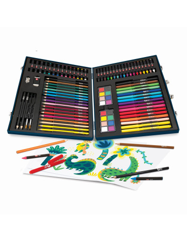 VV-1038-82059,Happi Hobbi Art Case Set De Desen Deluxe Cu 100 De Accesorii Dinozaur