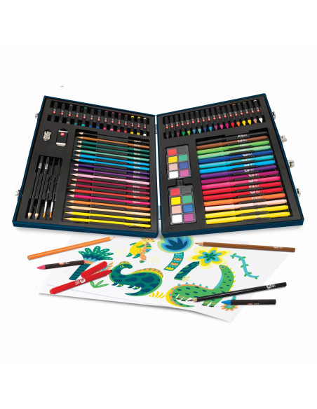 VV-1038-82059,Happi Hobbi Art Case Set De Desen Deluxe Cu 100 De Accesorii Dinozaur