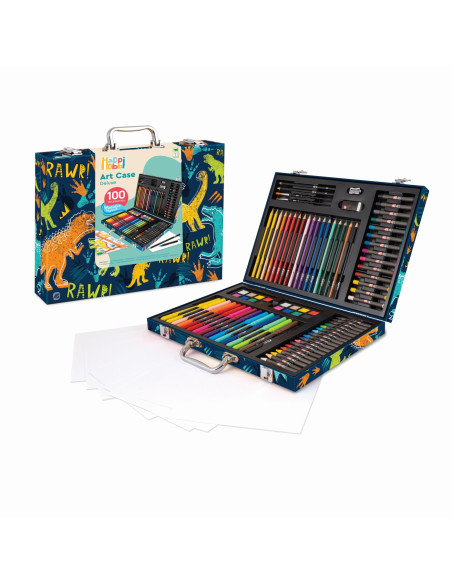 VV-1038-82059,Happi Hobbi Art Case Set De Desen Deluxe Cu 100 De Accesorii Dinozaur