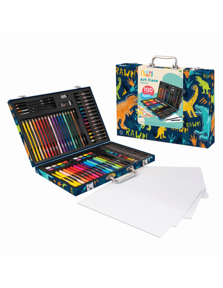 VV-1038-82059,Happi Hobbi Art Case Set De Desen Deluxe Cu 100 De Accesorii Dinozaur