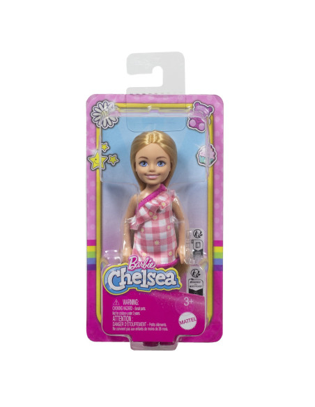 MTDWJ33_HXM95,Barbie Papusa Chelsea Blonda Cu Rochita Roz In Carouri