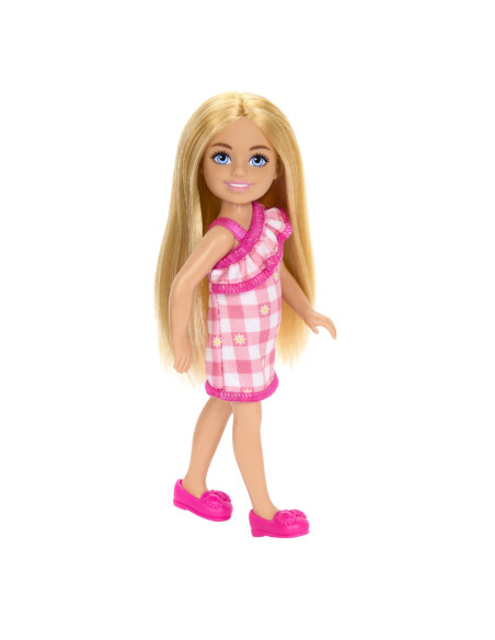 MTDWJ33_HXM95,Barbie Papusa Chelsea Blonda Cu Rochita Roz In Carouri