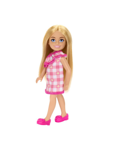 MTDWJ33_HXM95,Barbie Papusa Chelsea Blonda Cu Rochita Roz In Carouri