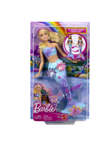 MTJDM72,Barbie Papusa Sirena Floare Magica Cu Par Blond Si Coada Albastra