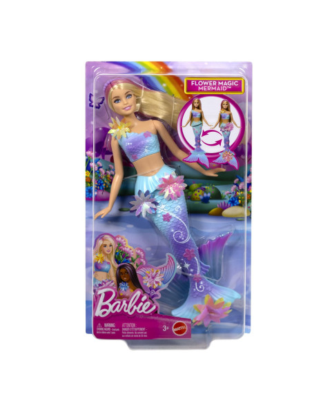 MTJDM72,Barbie Papusa Sirena Floare Magica Cu Par Blond Si Coada Albastra