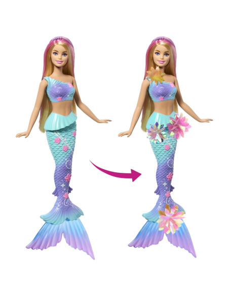 MTJDM72,Barbie Papusa Sirena Floare Magica Cu Par Blond Si Coada Albastra
