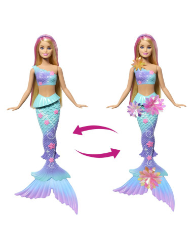 MTJDM72,Barbie Papusa Sirena Floare Magica Cu Par Blond Si Coada Albastra