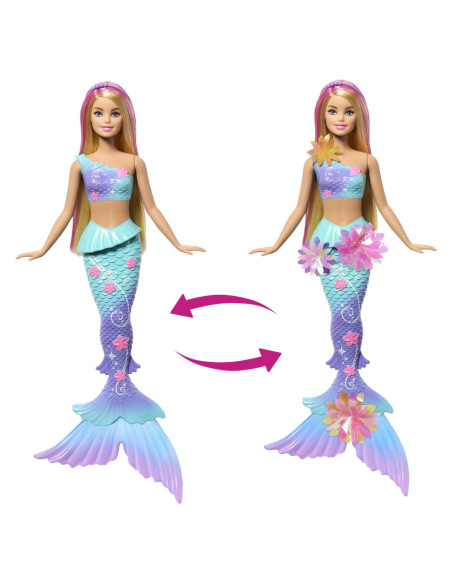 MTJDM72,Barbie Papusa Sirena Floare Magica Cu Par Blond Si Coada Albastra
