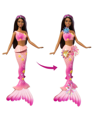 MTJDM73,Barbie Papusa Sirena Floarea Magica Cu Par Brunet Si Coada Roz
