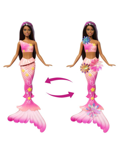 MTJDM73,Barbie Papusa Sirena Floarea Magica Cu Par Brunet Si Coada Roz