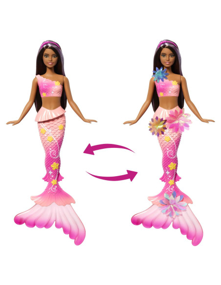 MTJDM73,Barbie Papusa Sirena Floarea Magica Cu Par Brunet Si Coada Roz