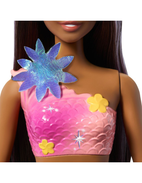 MTJDM73,Barbie Papusa Sirena Floarea Magica Cu Par Brunet Si Coada Roz