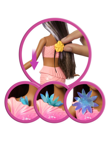 MTJDM73,Barbie Papusa Sirena Floarea Magica Cu Par Brunet Si Coada Roz