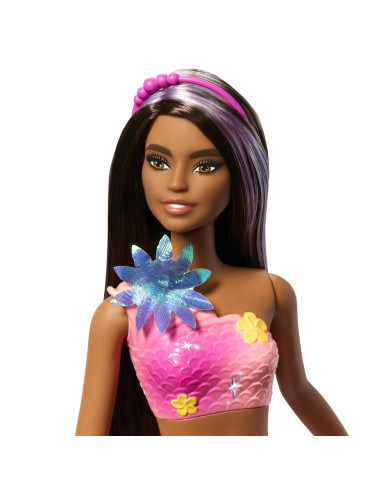 MTJDM73,Barbie Papusa Sirena Floarea Magica Cu Par Brunet Si Coada Roz