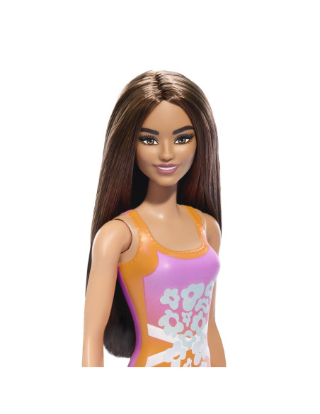 MTDWJ99_HXX50,Papusa Barbie Bruneta Cu Costum De Baie Inflorat