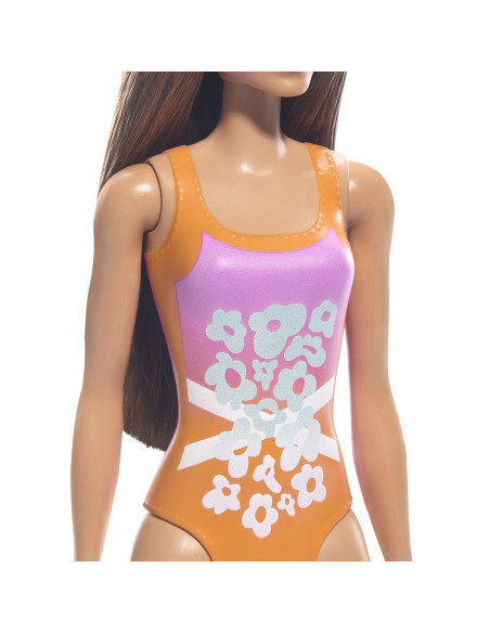MTDWJ99_HXX50,Papusa Barbie Bruneta Cu Costum De Baie Inflorat
