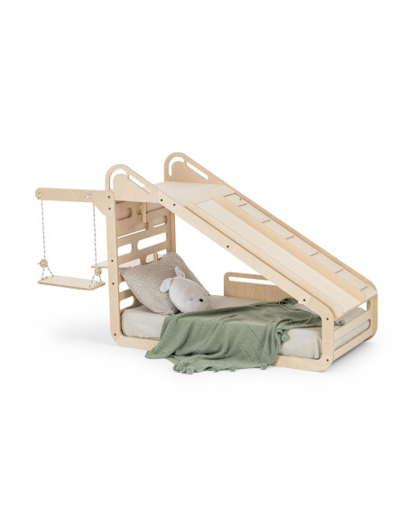 UP-mtyz_minisleepy_natur,Pat Montessori din lemn MiniSleepy MamaToyz, cu tobogan, tabla de scris, masuta si leagan, Natur