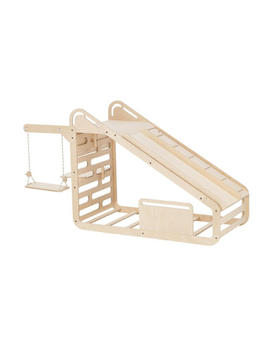 UP-mtyz_minisleepy_natur,Pat Montessori din lemn MiniSleepy MamaToyz, cu tobogan, tabla de scris, masuta si leagan, Natur