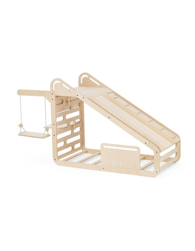 UP-mtyz_minisleepy_natur,Pat Montessori din lemn MiniSleepy MamaToyz, cu tobogan, tabla de scris, masuta si leagan, Natur