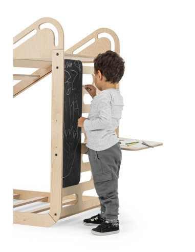 UP-mtyz_minisleepy_natur,Pat Montessori din lemn MiniSleepy MamaToyz, cu tobogan, tabla de scris, masuta si leagan, Natur