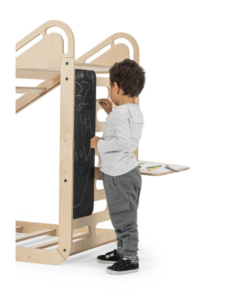 UP-mtyz_minisleepy_natur,Pat Montessori din lemn MiniSleepy MamaToyz, cu tobogan, tabla de scris, masuta si leagan, Natur