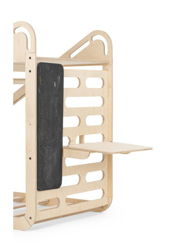 UP-mtyz_minisleepy_natur,Pat Montessori din lemn MiniSleepy MamaToyz, cu tobogan, tabla de scris, masuta si leagan, Natur