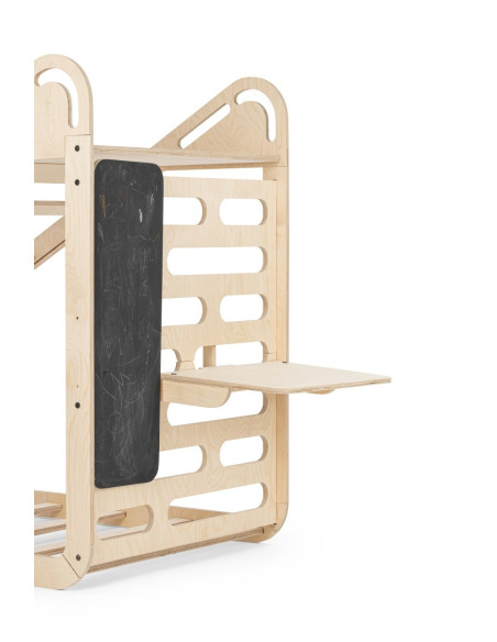 UP-mtyz_minisleepy_natur,Pat Montessori din lemn MiniSleepy MamaToyz, cu tobogan, tabla de scris, masuta si leagan, Natur