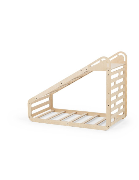 UP-mtyz_minisleepy_natur,Pat Montessori din lemn MiniSleepy MamaToyz, cu tobogan, tabla de scris, masuta si leagan, Natur