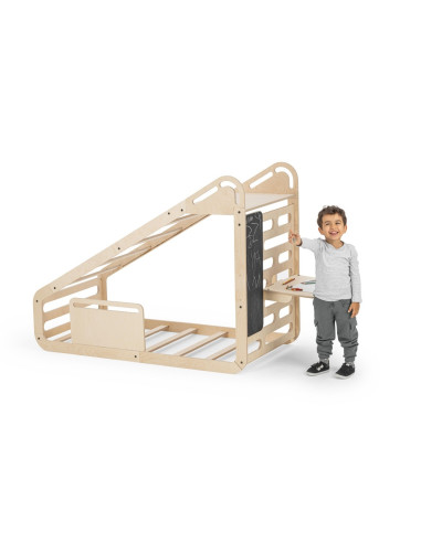 UP-mtyz_minisleepy_natur,Pat Montessori din lemn MiniSleepy MamaToyz, cu tobogan, tabla de scris, masuta si leagan, Natur