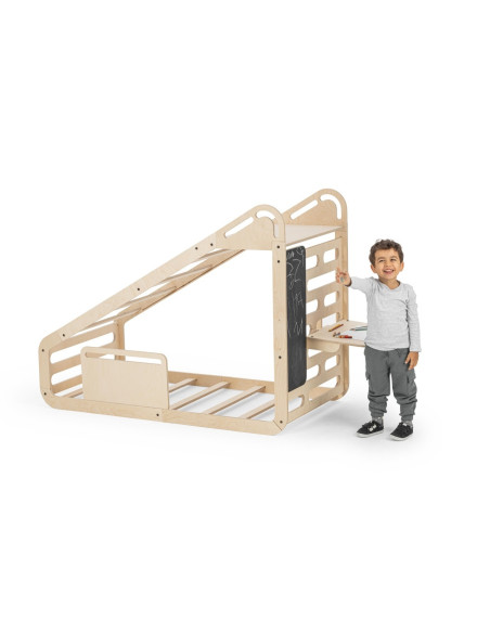 UP-mtyz_minisleepy_natur,Pat Montessori din lemn MiniSleepy MamaToyz, cu tobogan, tabla de scris, masuta si leagan, Natur