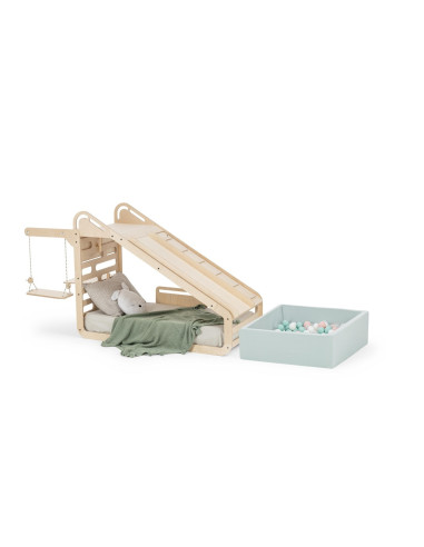UP-mtyz_minisleepy_natur,Pat Montessori din lemn MiniSleepy MamaToyz, cu tobogan, tabla de scris, masuta si leagan, Natur