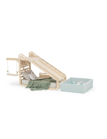 UP-mtyz_minisleepy_natur,Pat Montessori din lemn MiniSleepy MamaToyz, cu tobogan, tabla de scris, masuta si leagan, Natur