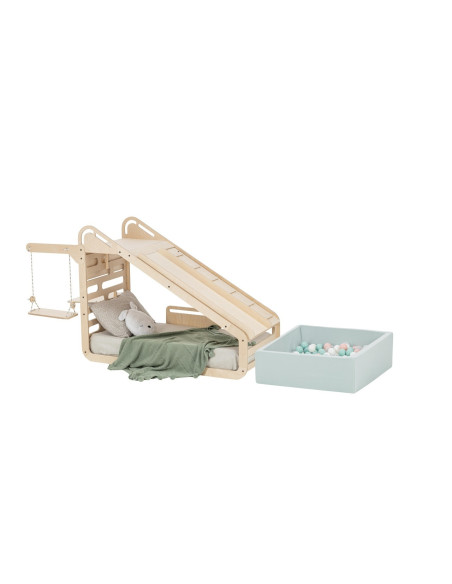UP-mtyz_minisleepy_natur,Pat Montessori din lemn MiniSleepy MamaToyz, cu tobogan, tabla de scris, masuta si leagan, Natur