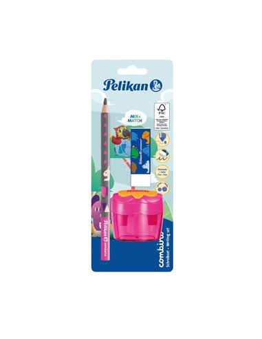 Set Combino Pelikan - Creion grafit invata sa scrii + ascutitoare + radiera, blister