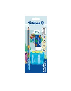 Set Combino Pelikan - Creion grafit invata sa scrii + ascutitoare + radiera, blister, Albastru
