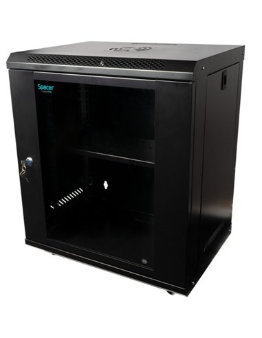 CABINET 19" SPACER  12U 500x400mm, fixare pe perete, Flatpack (dezasamblat),  Black, usa sticla cu blocare, panouri detasabile,