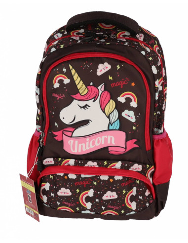 SWUNICOR01,Ghiozdan scoala Pigna, pentru clasa 0, 3 fermoare, motiv Unicorn, Negru