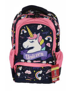SWUNICOR02,Ghiozdan scoala PIGNA pentru clasa 0, 3 fermoare, motiv Unicorn, Bleumarin