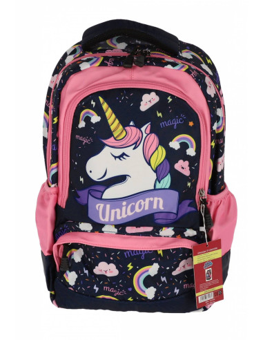 SWUNICOR02,Ghiozdan scoala PIGNA pentru clasa 0, 3 fermoare, motiv Unicorn, Bleumarin