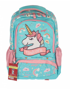 SWUNICOR03,Ghiozdan scpala Pigna pentru clasa 0, 3 fermoare, motiv Unicorn, Bleu pal