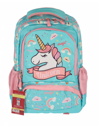 SWUNICOR03,Ghiozdan scpala Pigna pentru clasa 0, 3 fermoare, motiv Unicorn, Bleu pal