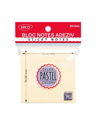 Bloc notes adeziv Daco BN100G, 76×76 mm, Galben pastel