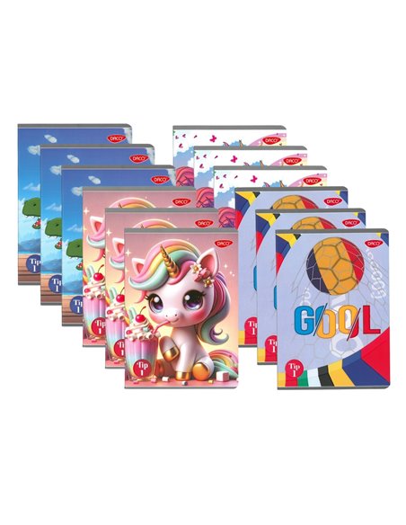 Set 12 caiete Tip I Daco CT5362, 36 file, 100 g/mp, Modele asortate