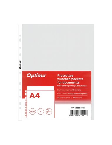 Folie protectie pentru documente A4 Optima, 40 microni, 100 folii/set, Transparent