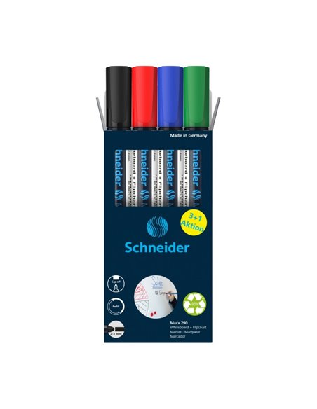Marker Whiteboard Schneider Maxx 290 2 - 3 mm Varf Rotund - Set 4 buc Marker Whiteboard Schneider Maxx 290 2 - 3 mm Varf Rotund - Set 4 buc