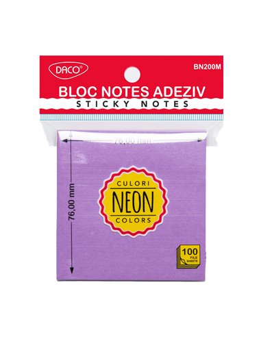Bloc notes adeziv Daco ( Post-it ) BN200M, 76×76 mm, Mov neon