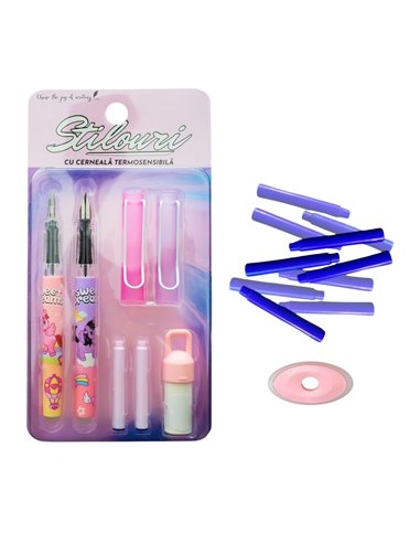 Set 2 stilouri cu cerneala termosensibila + 10 rezerve si radiera, Motiv unicorn